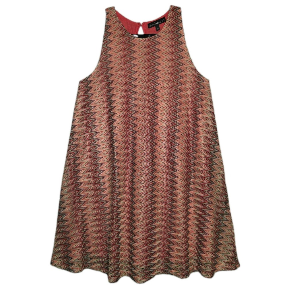 Derek Heart Sleeveless Boho Shift Dress Large Multi Chevron Crochet Knit Lined